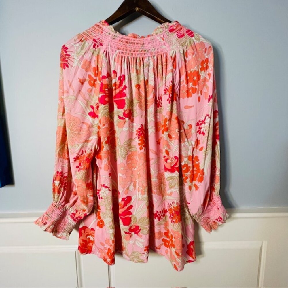 Talbots NWT Smocked Floral Soft Flowy Blouse Vibrant Pink NEW XL - Picture 5 of 6